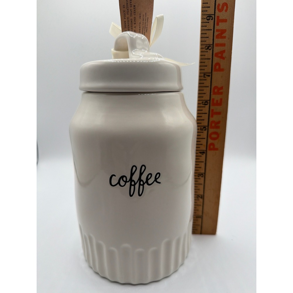 Rae Dunn COFFEE Canister Script Font Ribbed Ceramic Lid White